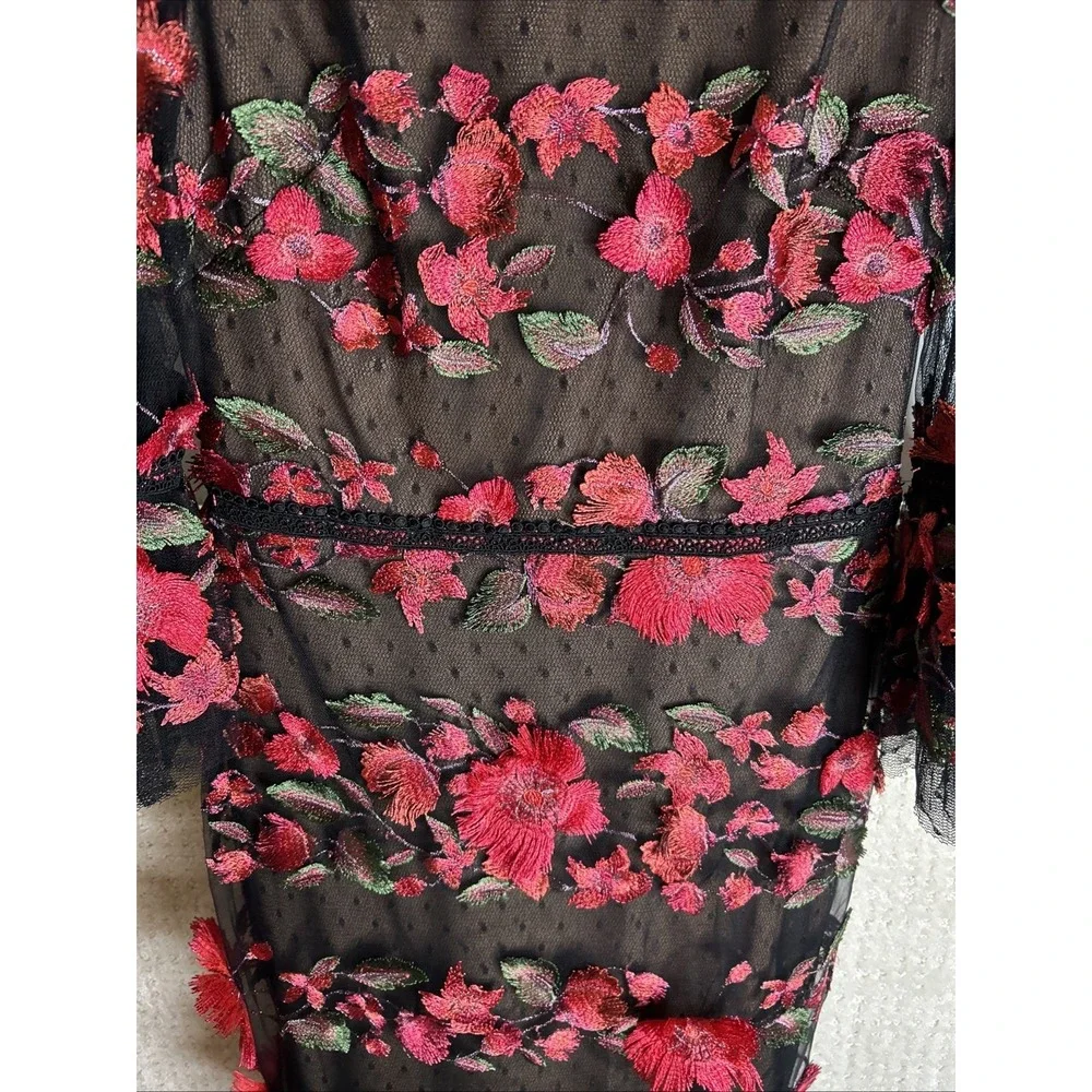 Marchesa‎ Notte Red Embroidered Tea Length Fit Flare Flower Dress Sz 6 NWT